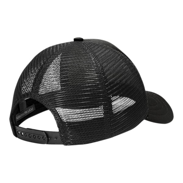A black 5-panel hat with a black mesh back.