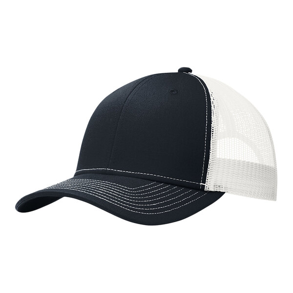 A navy trucker cap with white mesh.