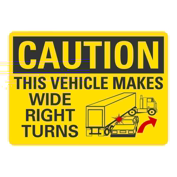 a yellow sign with black text and a truck on it