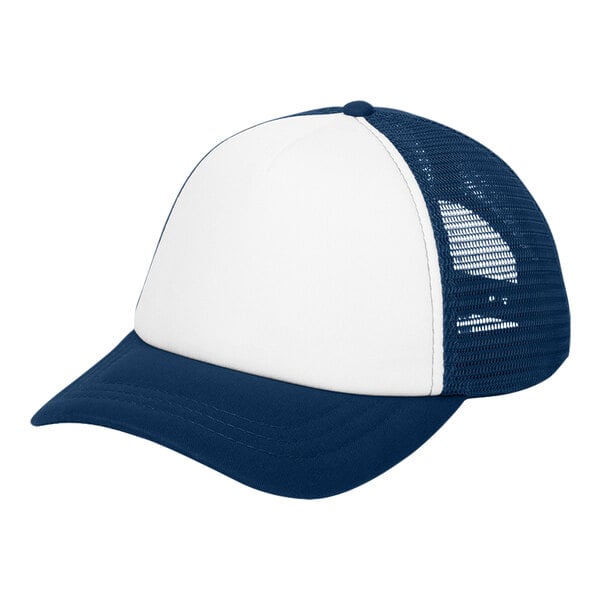 A white trucker cap with blue and white accents.