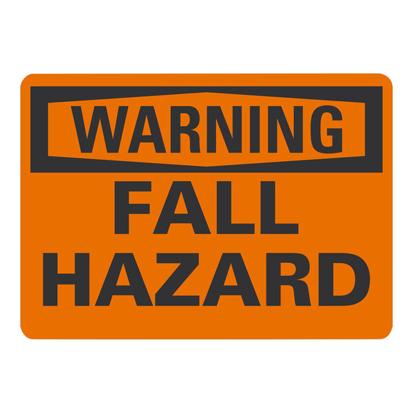 An orange and black Lavex plastic warning sign that says "Warning / Fall Hazard" on a white background.