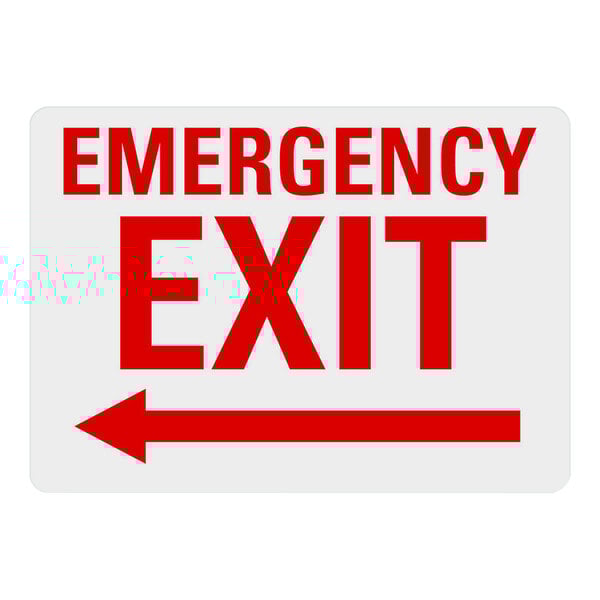 A white rectangular sign with red text reading "Emergency Exit" and a left arrow.