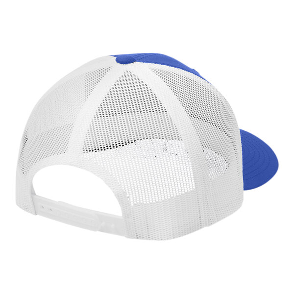 A white and blue structured trucker cap with a mesh back.