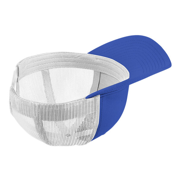 A blue and white Sport-Tek trucker cap with mesh back.