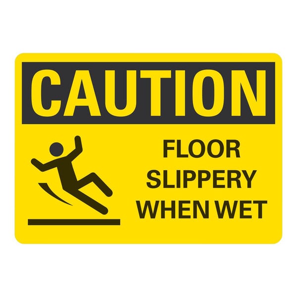 A yellow and black rectangular Lavex safety label with the words "Caution Floor Slippery When Wet" and a person falling.