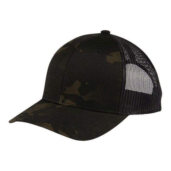 A black Sport-Tek MultiCam trucker cap with mesh back.
