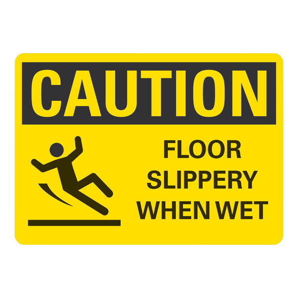 A yellow and black rectangular Lavex safety label with a person falling and the words "Caution: Floor Slippery When Wet"