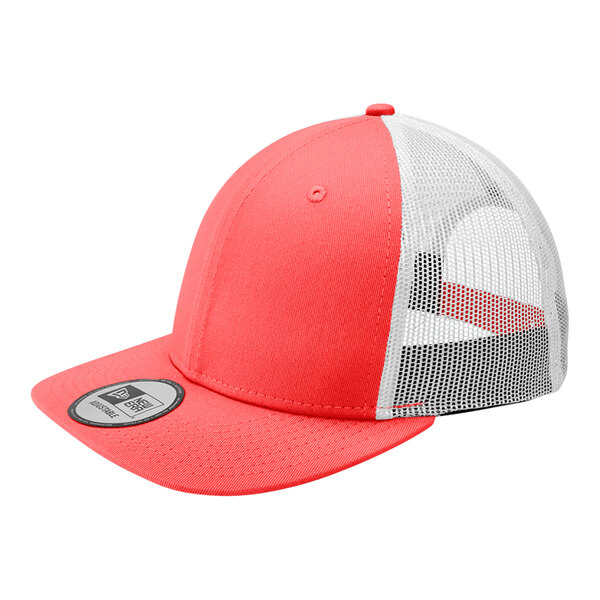 A coral and white trucker hat with a mesh back.