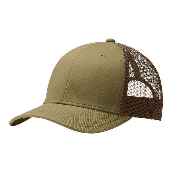 A tan hat with a brown mesh back.