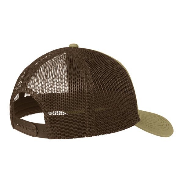 A tan and brown Port Authority trucker cap with a mesh back and front.