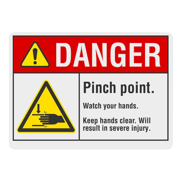 A non-reflective plastic hazard warning sign with the message "Danger Pinch Point Watch Your Hands Keep Hands Clear" and a hand icon.