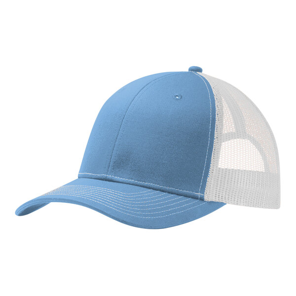 A light blue and white Port Authority trucker cap with mesh back.
