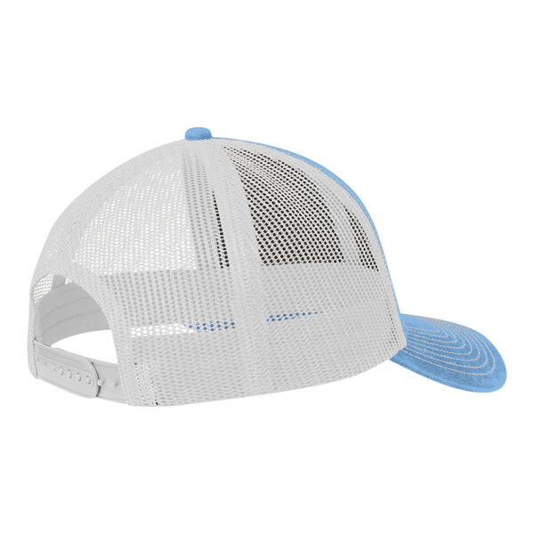 A close up of a white and blue mesh cap with a structured front and mid profile.