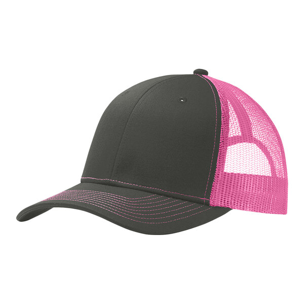 A grey and neon pink Port Authority trucker cap with a mesh back and front.