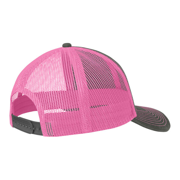 A grey and neon pink Port Authority trucker cap with mesh.