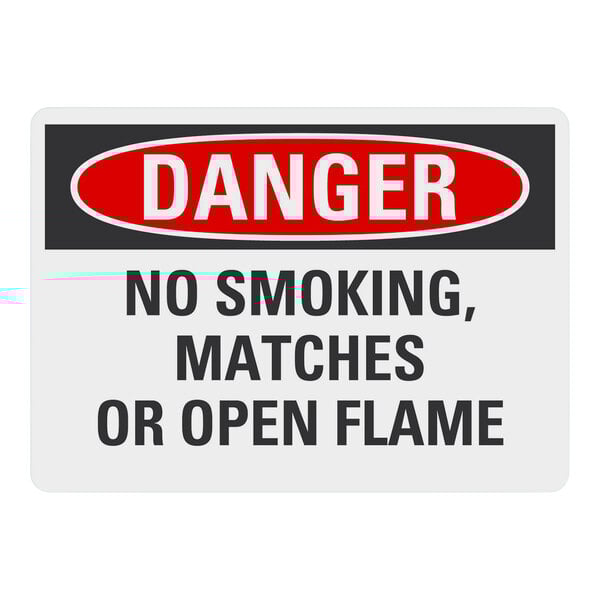 A non-reflective plastic safety sign with black and white text that says "Danger / No Smoking, Matches Or Open Flame"