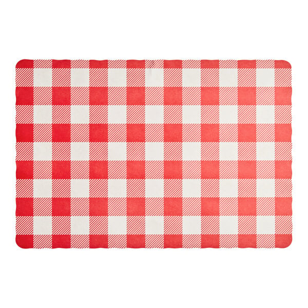 A rectangular paper placemat with a red and white gingham checkered pattern.