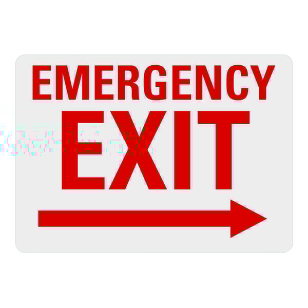 A white Lavex plastic emergency exit sign with red lettering and a right arrow.
