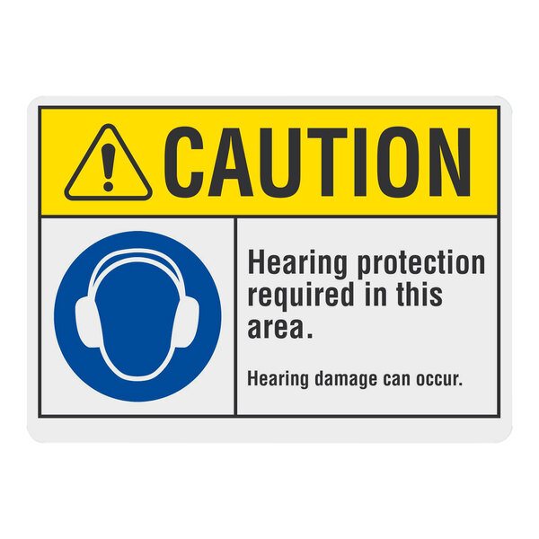 A yellow plastic safety sign that reads "Caution: Hearing Protection Required In This Area" with blue and white text and a headphone icon.