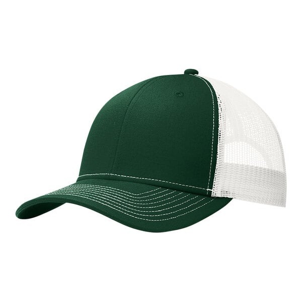 A dark green and white Port Authority trucker cap with mesh back.