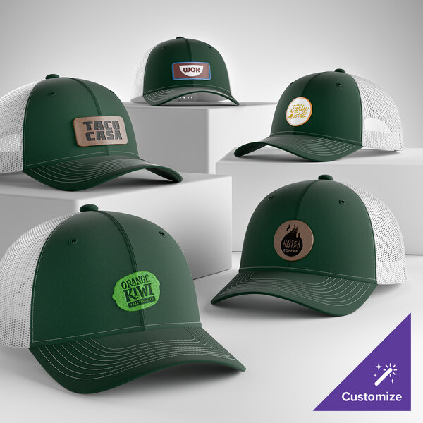 A customizable dark green and white 6-panel trucker cap with a mesh back, structured design, and mid profile.