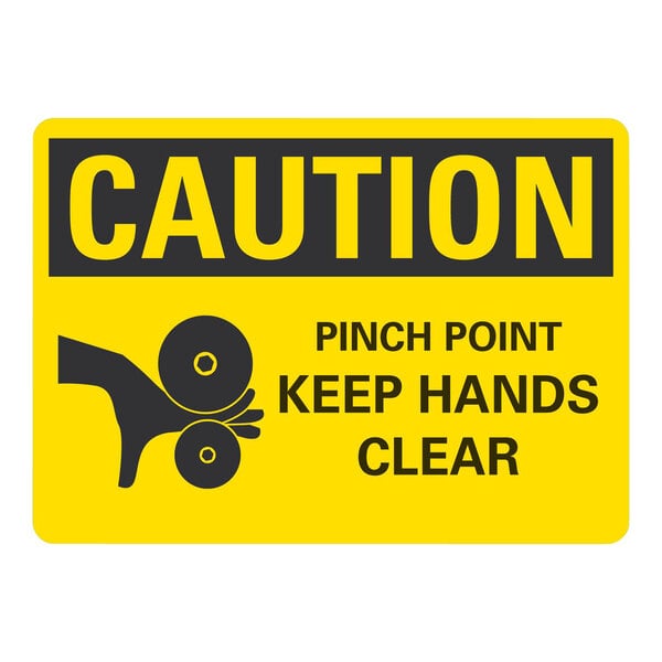 A white rectangular Lavex adhesive vinyl safety label with a yellow and black "Caution / Pinch Point / Keep Hands Clear" sign.