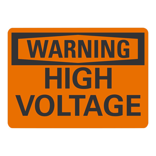 A white and orange sign with black text that says "Warning / High Voltage" in black letters.