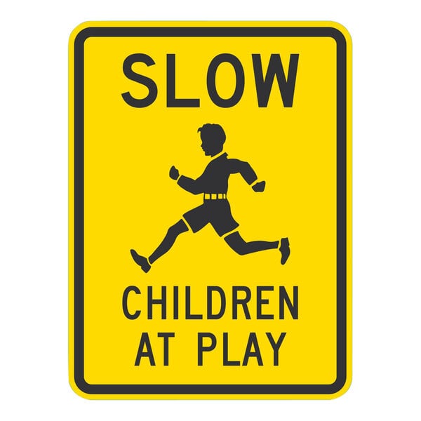 A white rectangular aluminum sign with a black and yellow silhouette of a boy running and the words "Slow Children At Play" in black text.