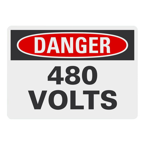 A white Lavex adhesive vinyl safety label with black text reading "Danger 480 Volts" and a red circle.