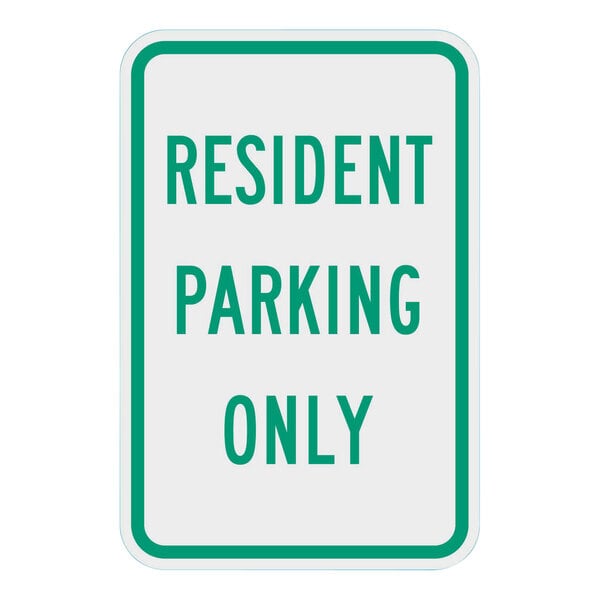 A close up of a Lavex "Resident Parking Only" sign with green text on a white background.