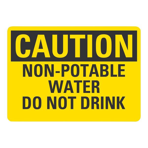 A yellow and black rectangular Lavex safety label that says "Caution / Non-Potable Water / Do Not Drink"