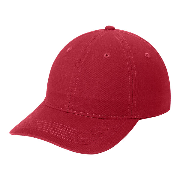 A red Port & Company 6-panel dad cap.