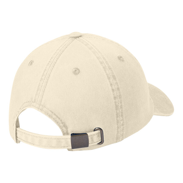 A stone colored Port Authority dad cap with a metal buckle.