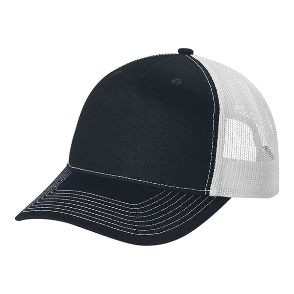 A navy and white Port Authority trucker cap with white mesh.