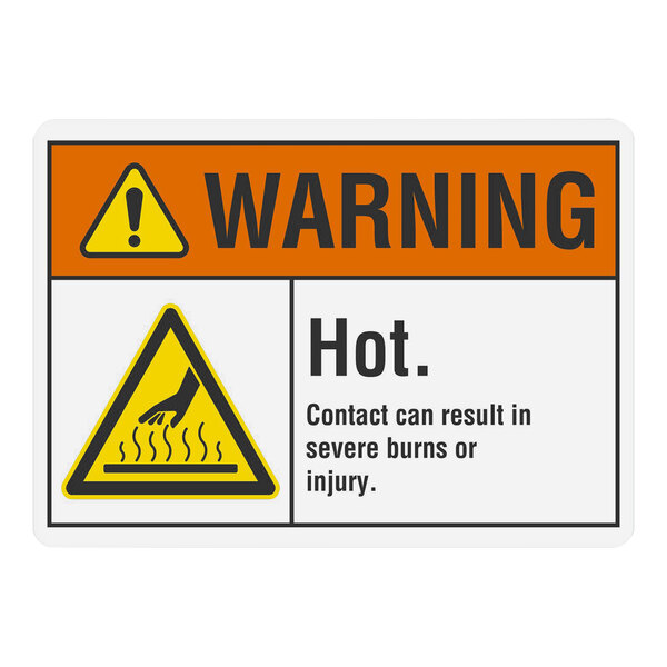 A yellow triangle warning sign with black and white text and a symbol of a hand touching a hot surface.