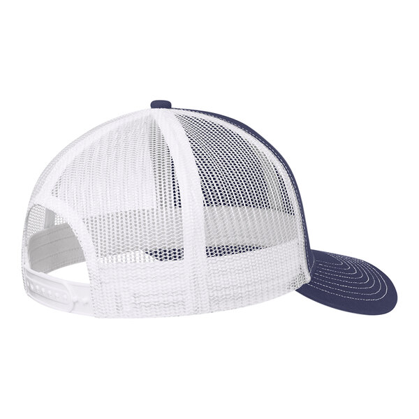 A white and blue trucker cap with mesh back in white and blue.