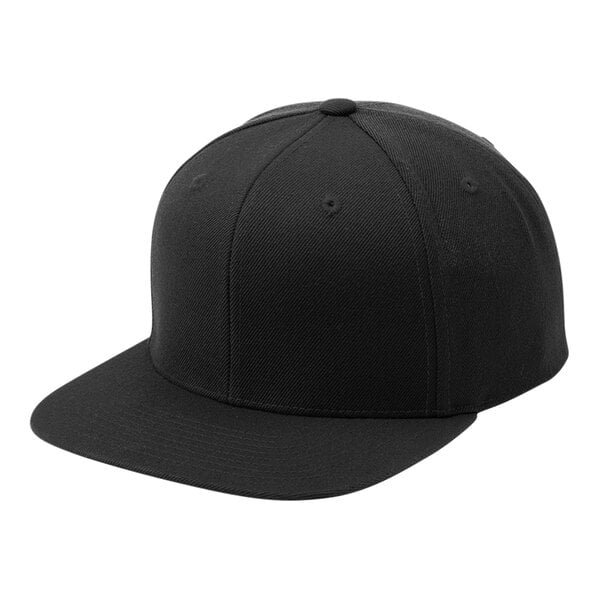 A black 6-panel cap by Sport-Tek.