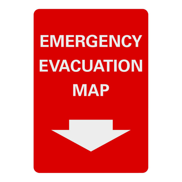 A red and white plastic "Emergency Evacuation Map" sign with a down arrow.