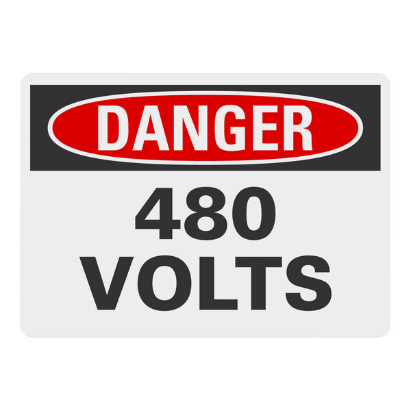 A white Lavex safety label with black and red text that says "Danger 480 Volts"