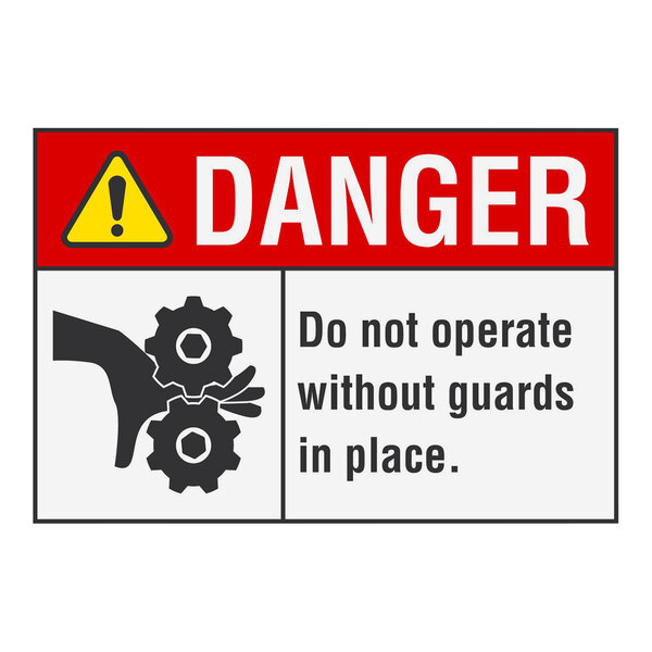 A white rectangular Lavex adhesive vinyl safety label with the message "Danger Do Not Operate Without Guards In Place" and a warning symbol.