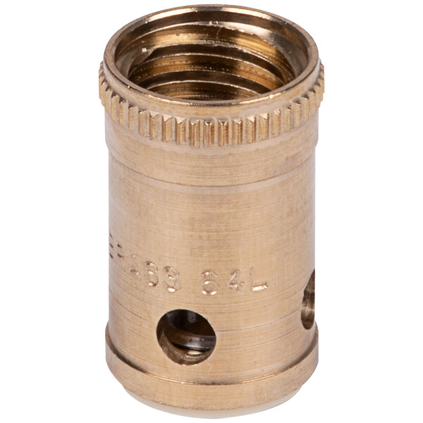 A brass T&S removable insert and seal with holes inside a metal cylinder.