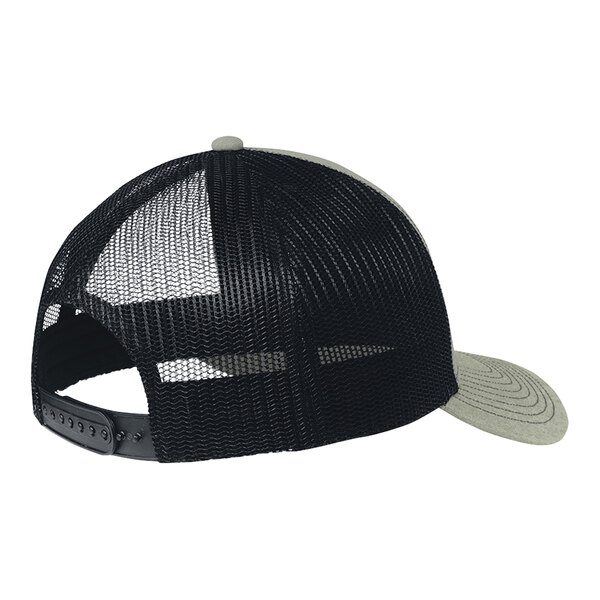 A Port Authority heather grey and navy trucker cap with mesh back.