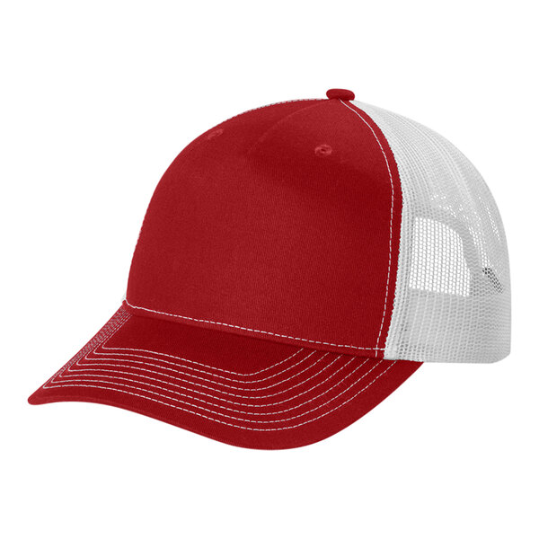 A red and white Port Authority trucker cap with a mesh back.