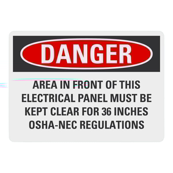 A white rectangular Lavex safety sign with black text that says "Danger Area In Front Of This Electrical Panel Must Be Kept Clear"