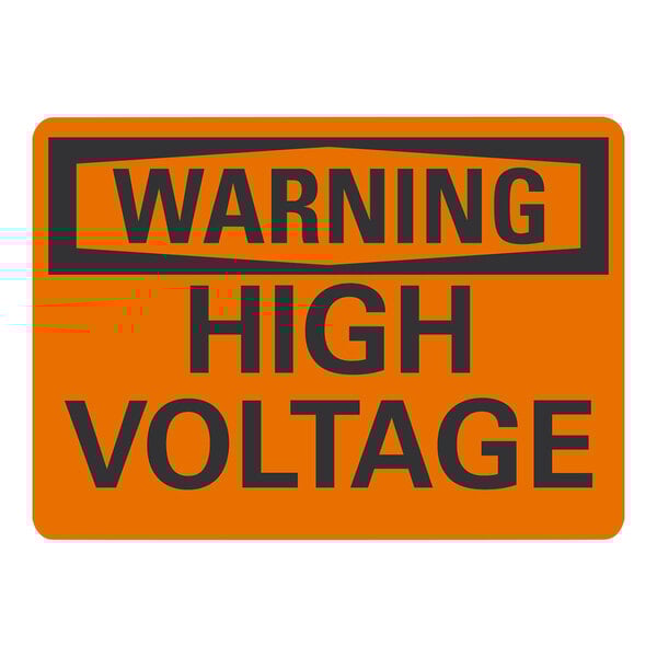 A black and orange rectangular sign with "Warning / High Voltage" in black letters on an orange background.