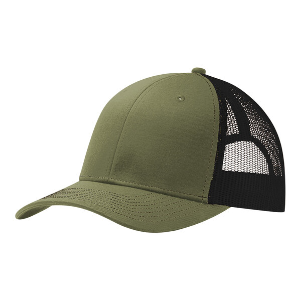 An olive drab green and black Port Authority trucker cap with a black mesh back.