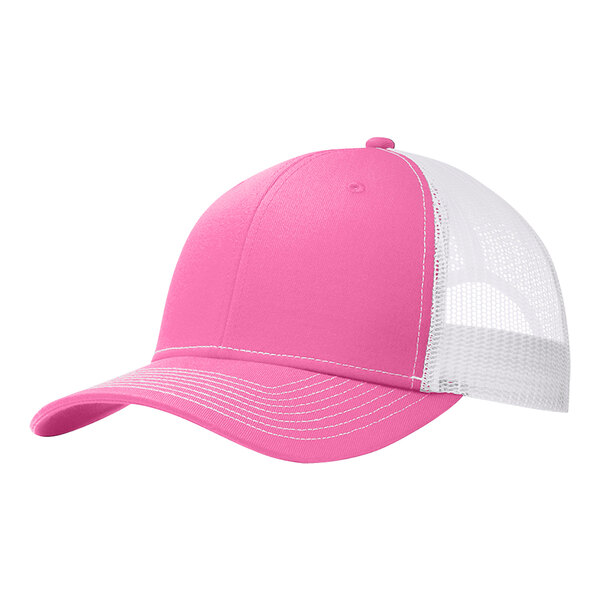 A pink and white Port Authority trucker cap.