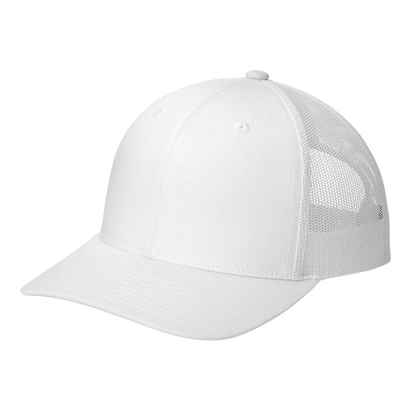 A white Sport-Tek trucker cap with a mesh back.