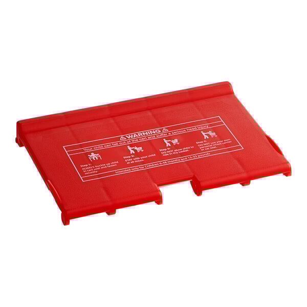 A red plastic Regency shopping cart seat with four compartments.