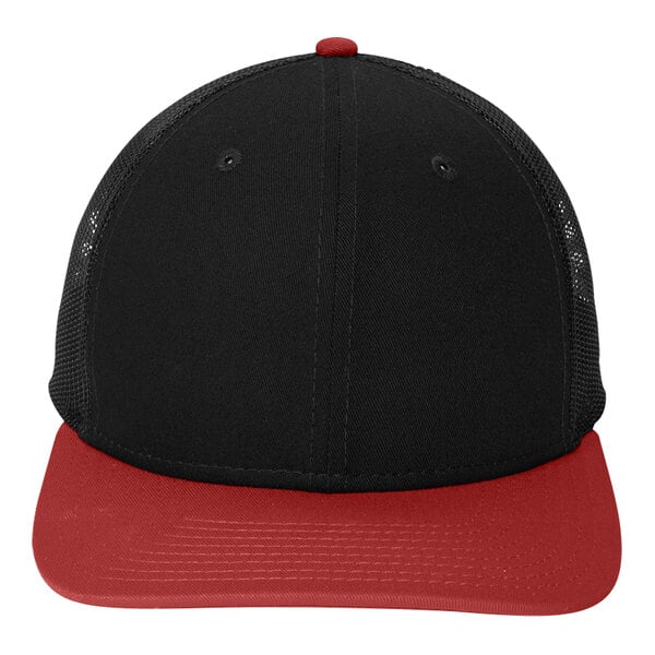 New Era NE207 Customizable Black / Scarlet 6-Panel Trucker Cap with Mesh Back - Structured, Low Profile